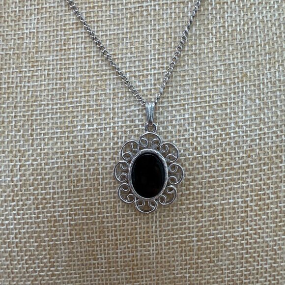 Silver-Tone Bracelet & Pendant Necklace Set With Black Oval Stones, Mourning - Picture 5 of 14